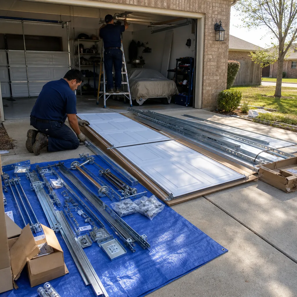 Professional technicians performing a residential garage door installation