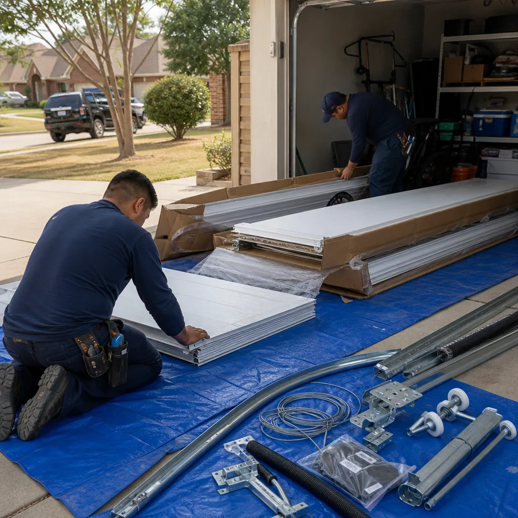 Two technicians professionally installing a new residential garage door system.