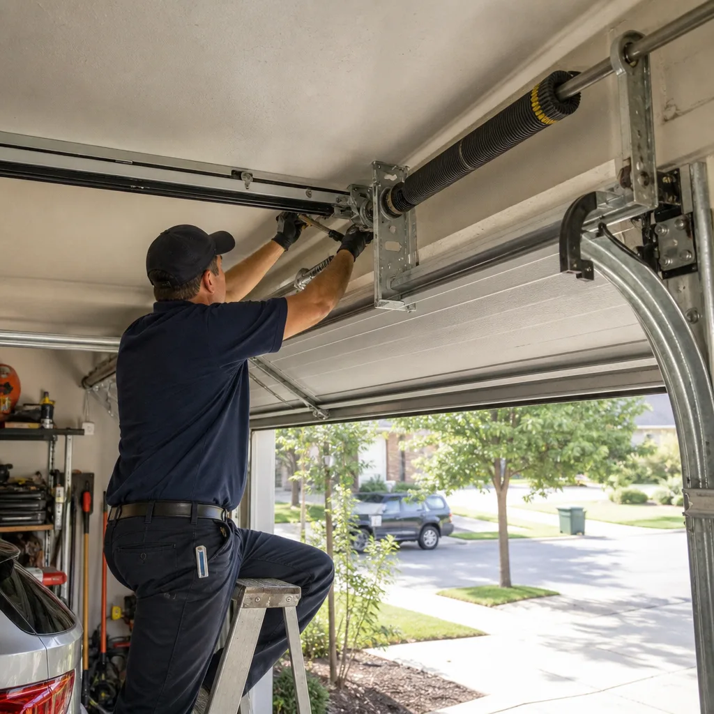 Technician performing professional garage door spring repair and maintenance