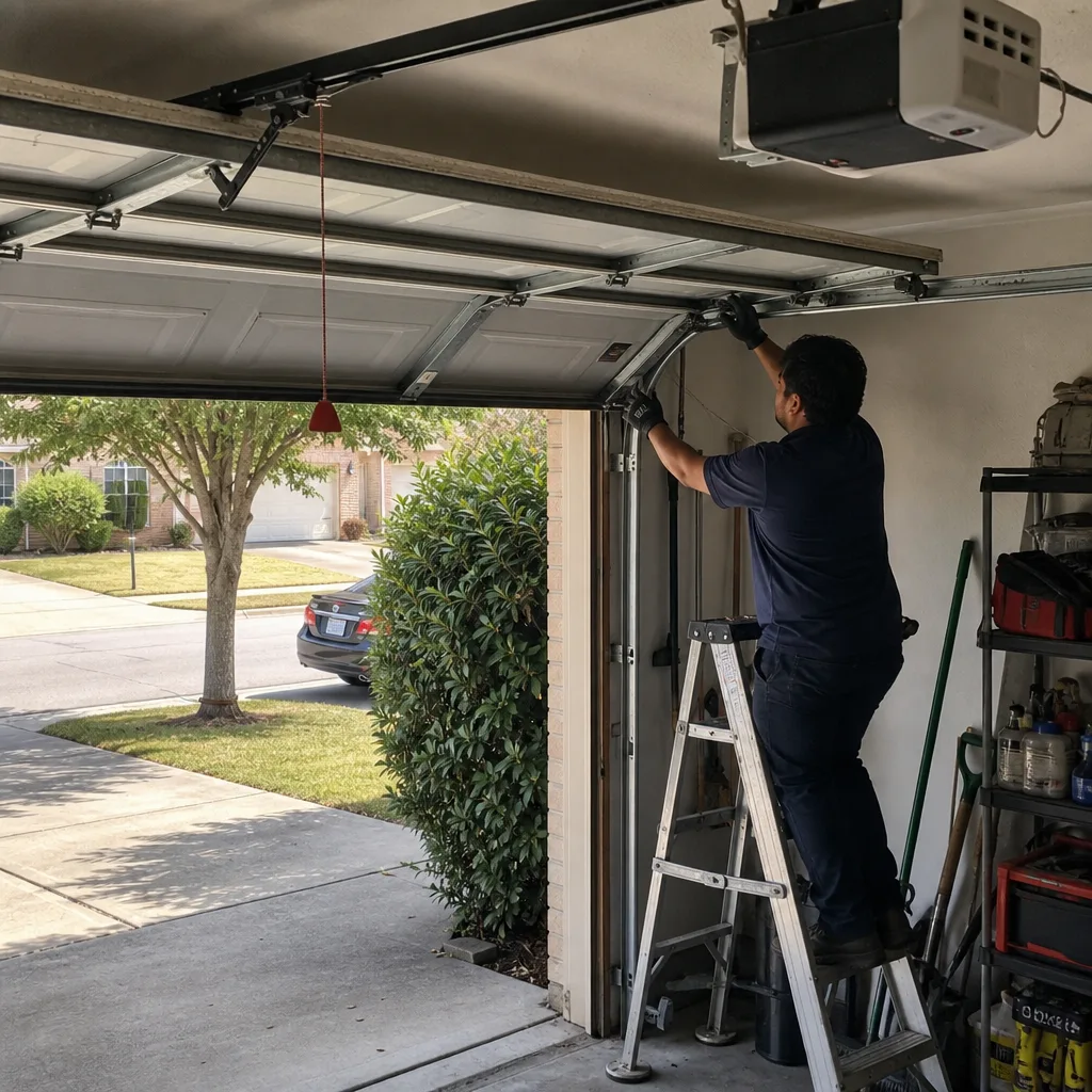 Technician performing professional garage door opener repair and maintenance.