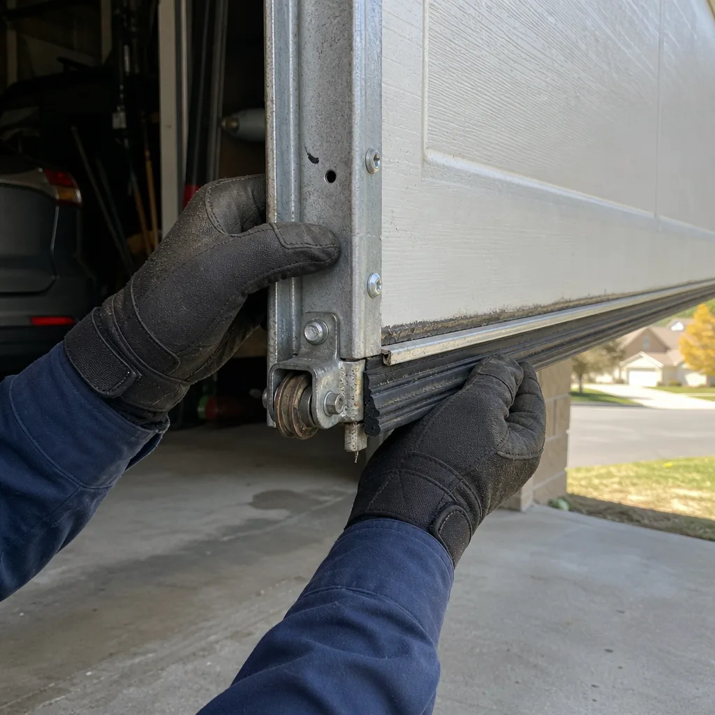Technician performing garage door weather seal and roller maintenance