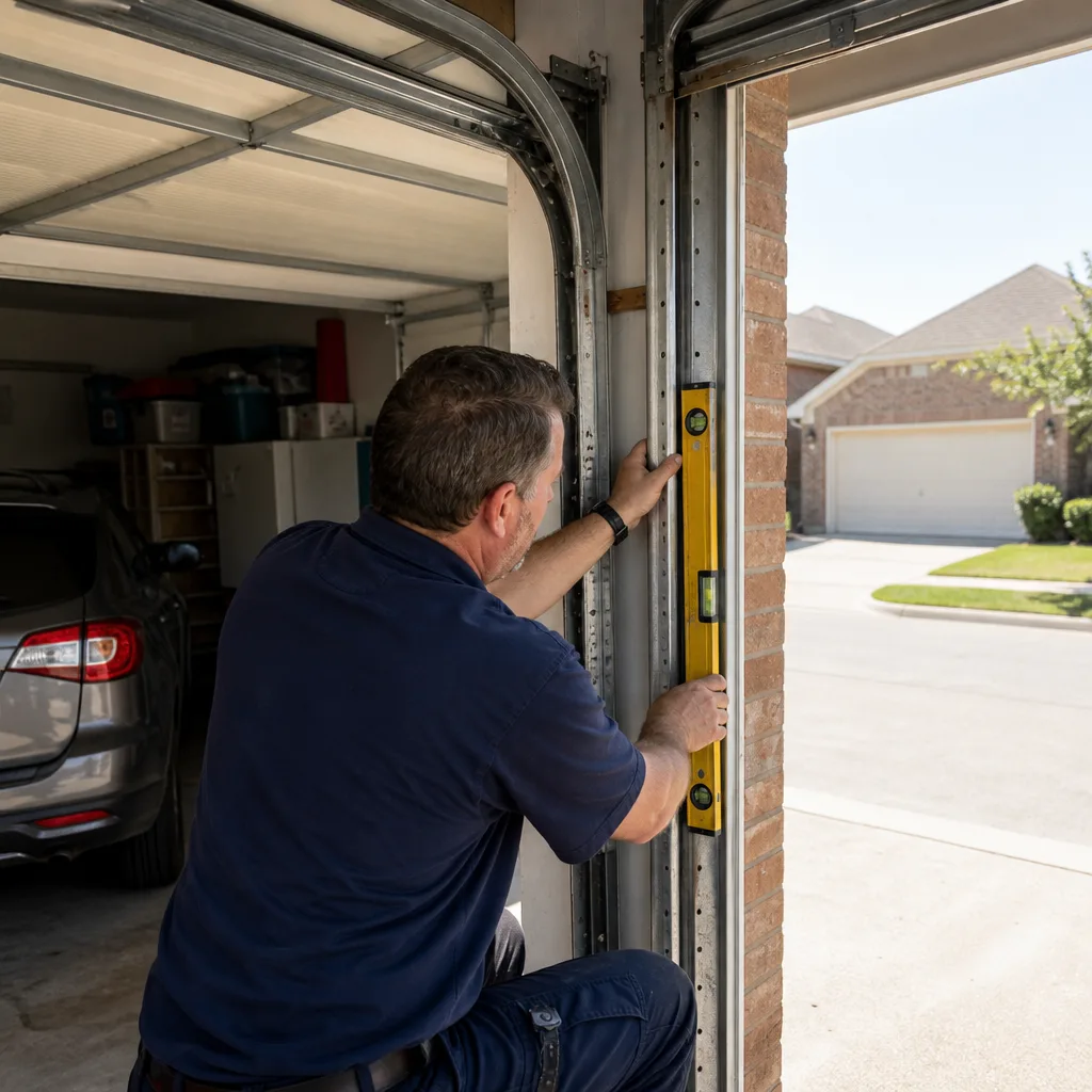 Technician using a level to adjust a residential garage door track