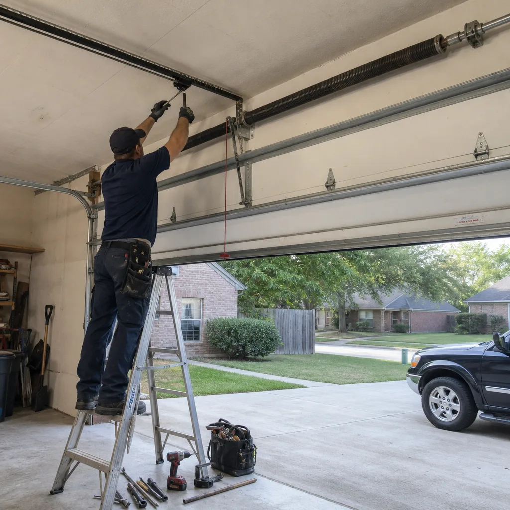 Professional technician performing garage door repair on a residential track