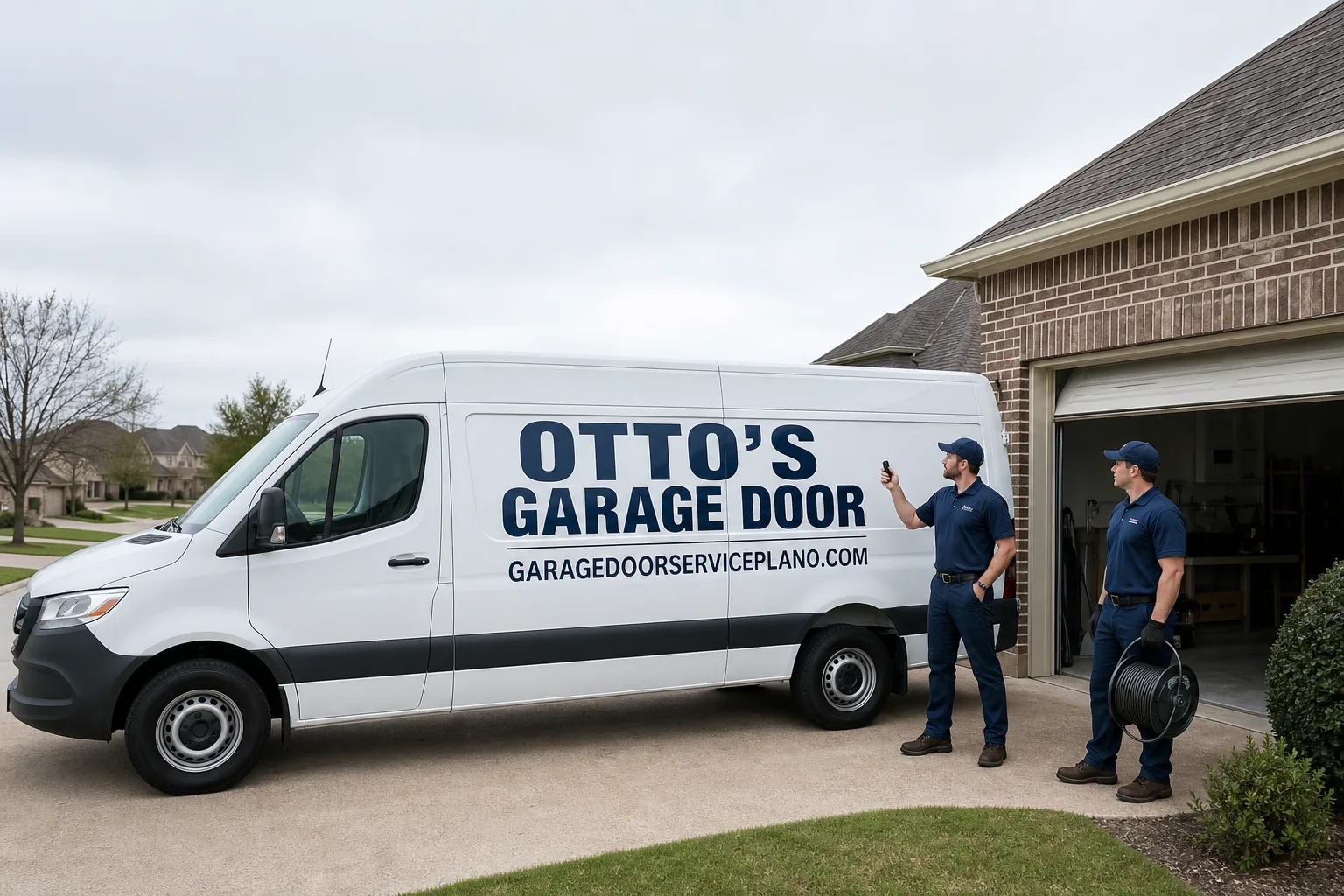 Otto's Garage Door garage door service vehicle and crew in Plano, TX